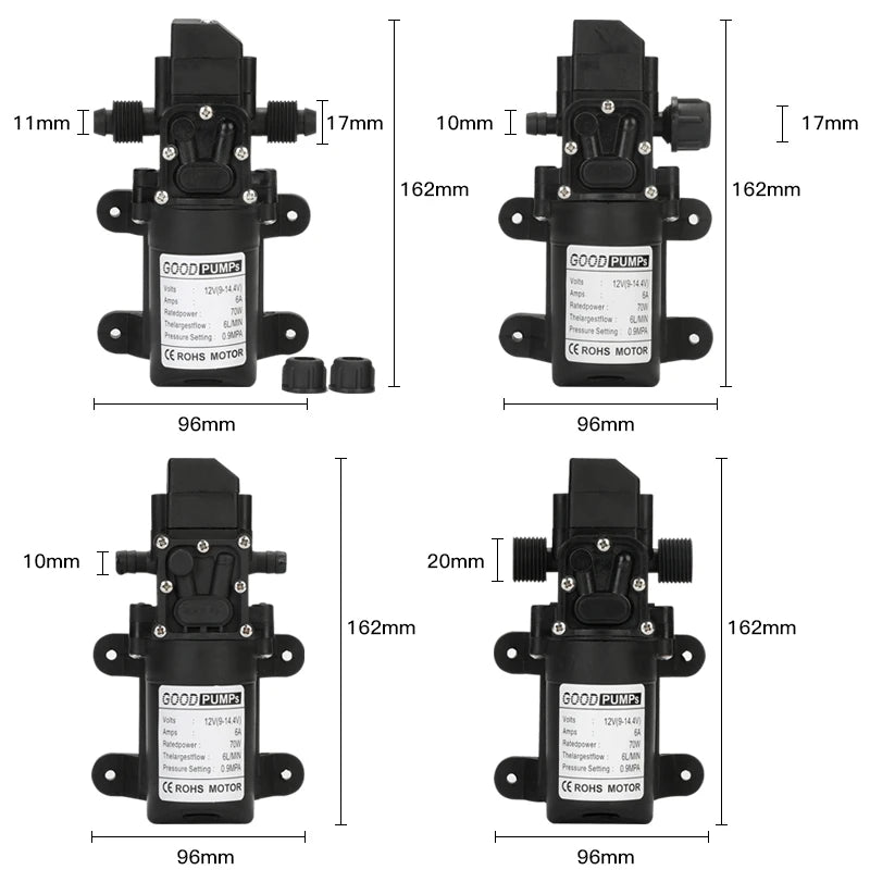 1 bomba de agua de diafragma automática con interruptor de flujo de 6 l/min, CC de 12 V, 70 W, 130 PSI, pequeña y segura, de alta presión