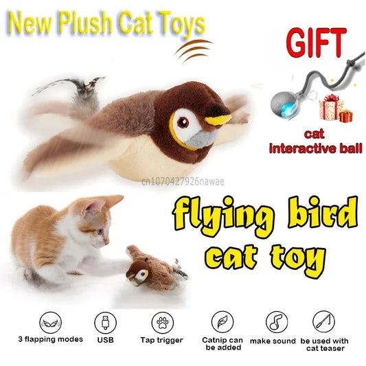 Interactive Cat Toys Rechargeable Electric Chirping Flapping Wings Bird with Catnip Cats Touch-Activated Squeaky Plush Toy Pet