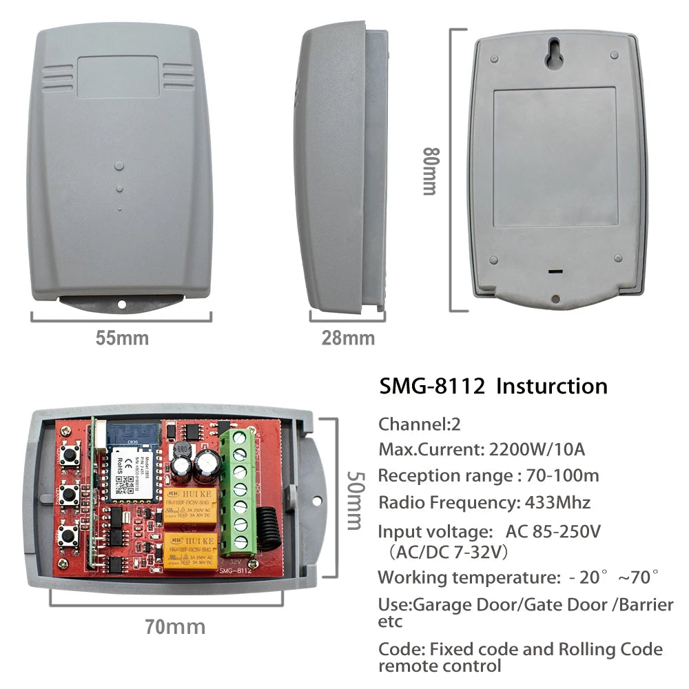 2 Channel WiFi Tuya Smart Garage Gate Opener Remote Control Receiver with 433MHz Transmitter