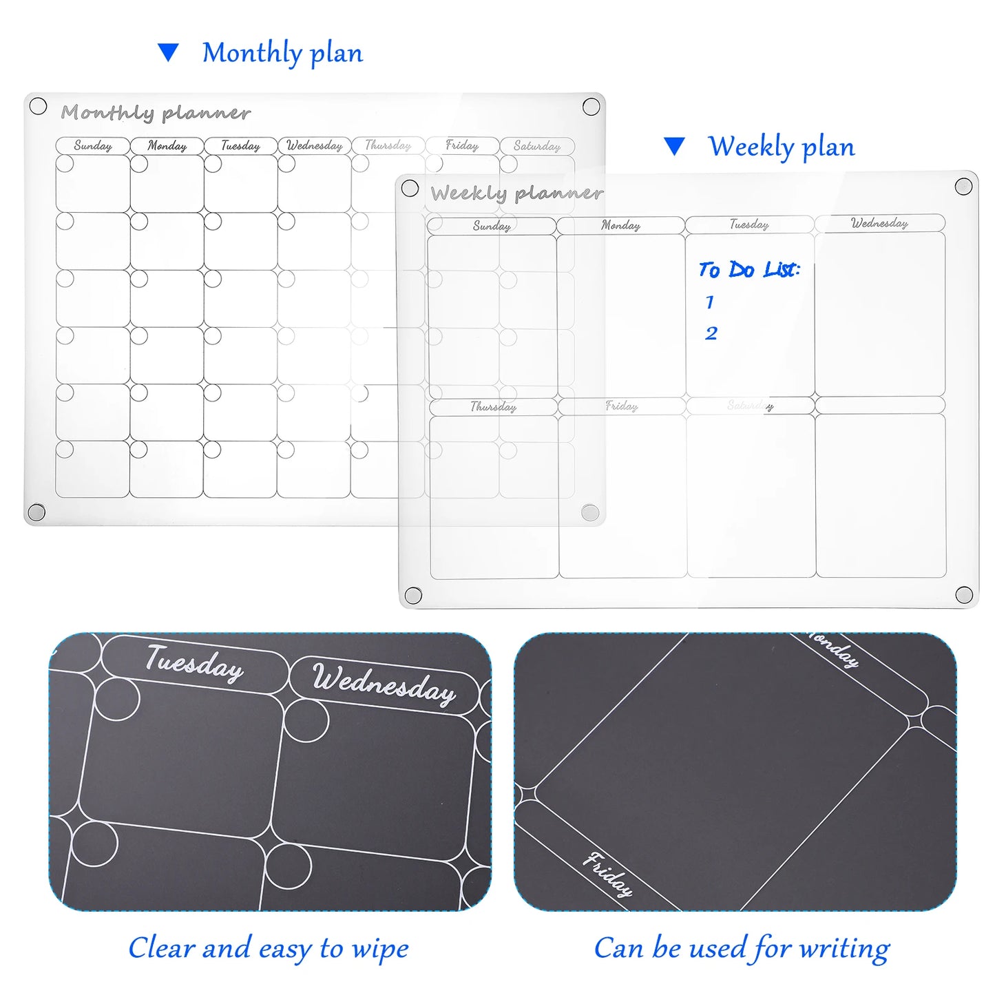 2 Piece Acrylic Monthly Weekly Schedule Planner Boards Erasable Wall Mounted Calendar Whiteboard Set