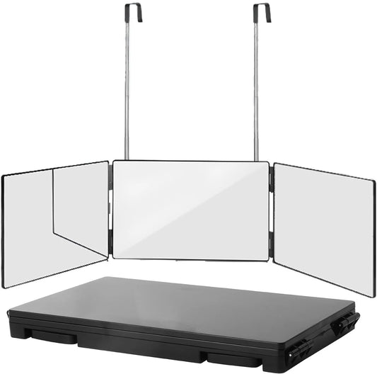 Black Portable 360 Degree Trifold Mirror with Height Adjustable Telescoping Hooks for Self Hair Cutting and Makeup Application