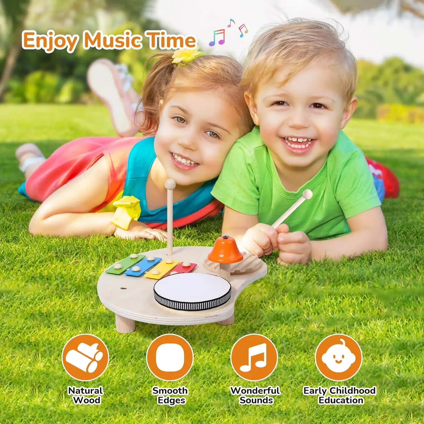 Wooden Xylophone Drum Set for Toddlers Montessori Musical Instruments Colorful Educational Toy