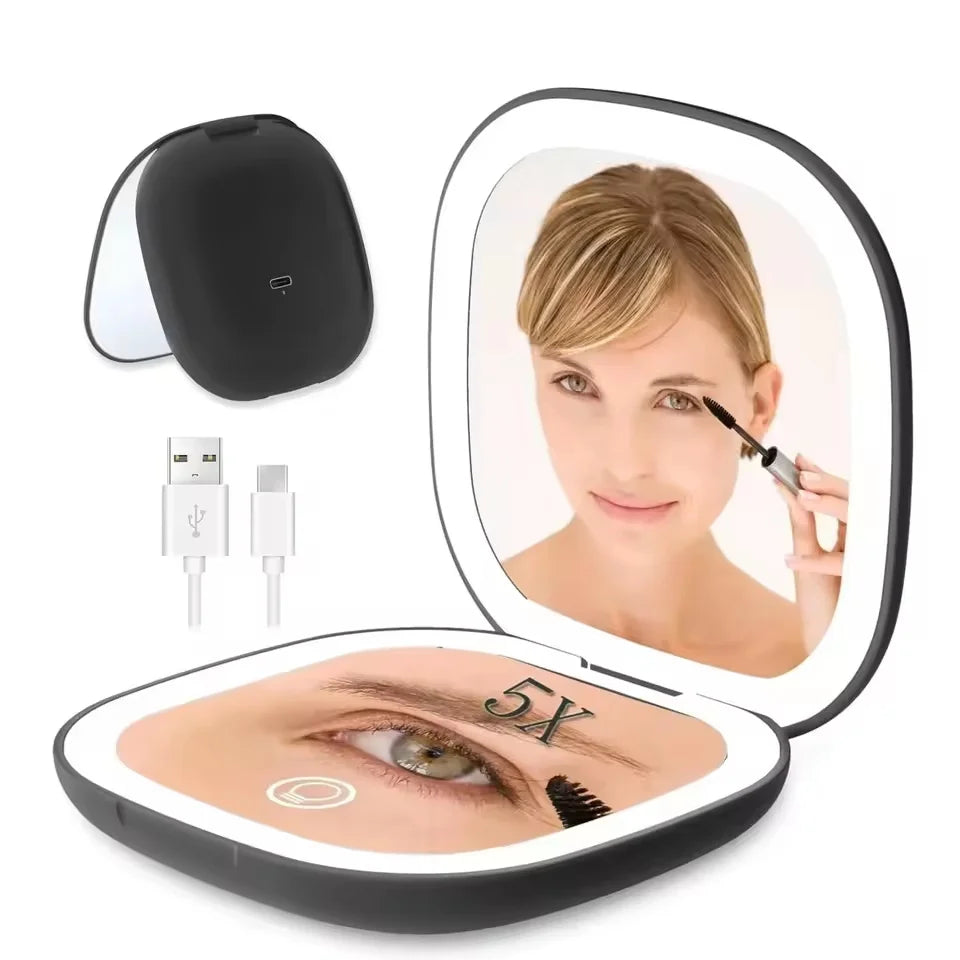 Double-Sided LED Makeup Mirror with 5X Magnification and Three Color Modes Compact Portable Design