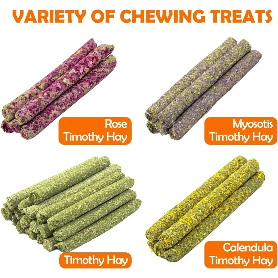 32Pcs Timothy Hay Sticks 320g for Rabbit Guinea Pig Hamster Natural Handmade Treats and Chews for Teeth Maintenance and Enrichm
