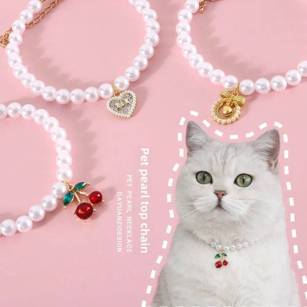 Pet Princess Style Pearl Cherry Love Bow Pendant Necklace Cat Bichon Dog Birthday Ins Wind Collar