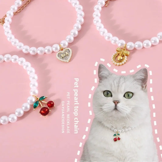 Pet Princess Style Pearl Cherry Love Bow Pendant Necklace Cat Bichon Dog Birthday Ins Wind Collar