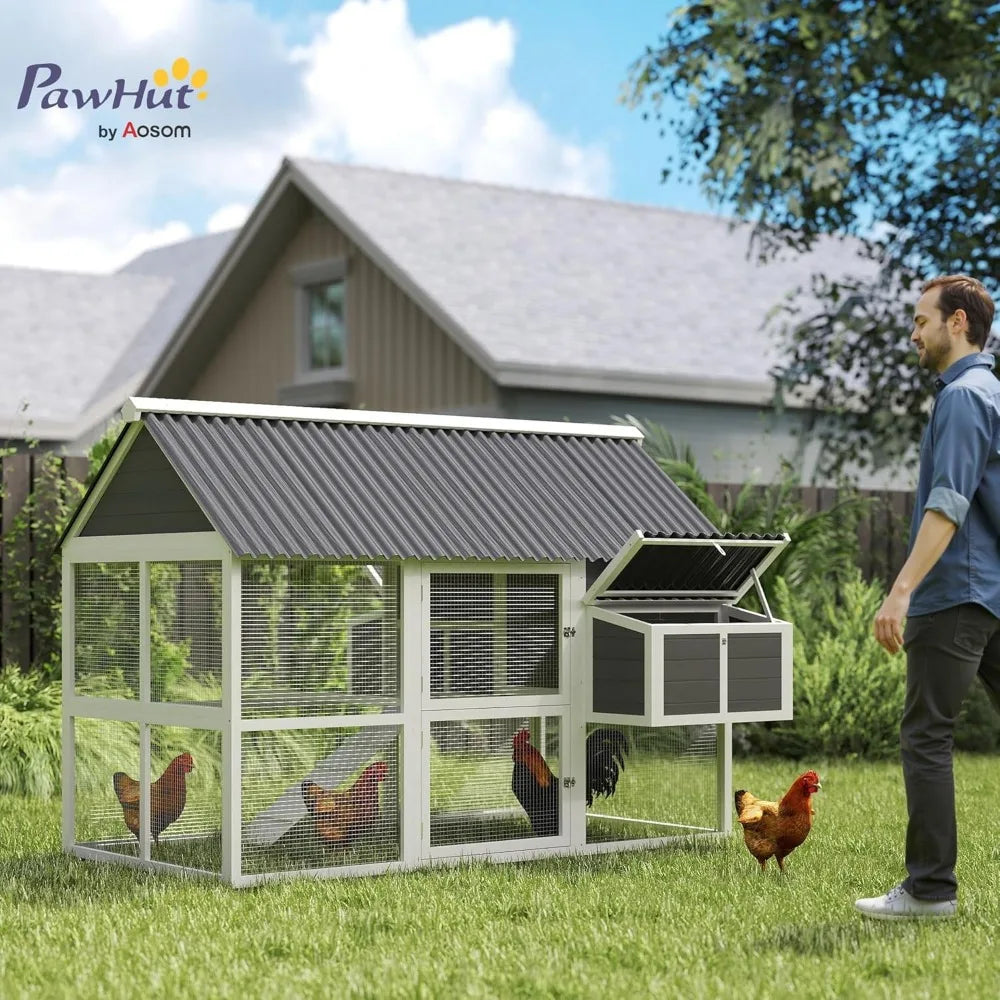 Chicken Coop with Run, Large Wooden Chicken House with 2 Nesting Boxes, 2 Roosting Bars, Ramp & Tray, Hen House Poultry Cage fo