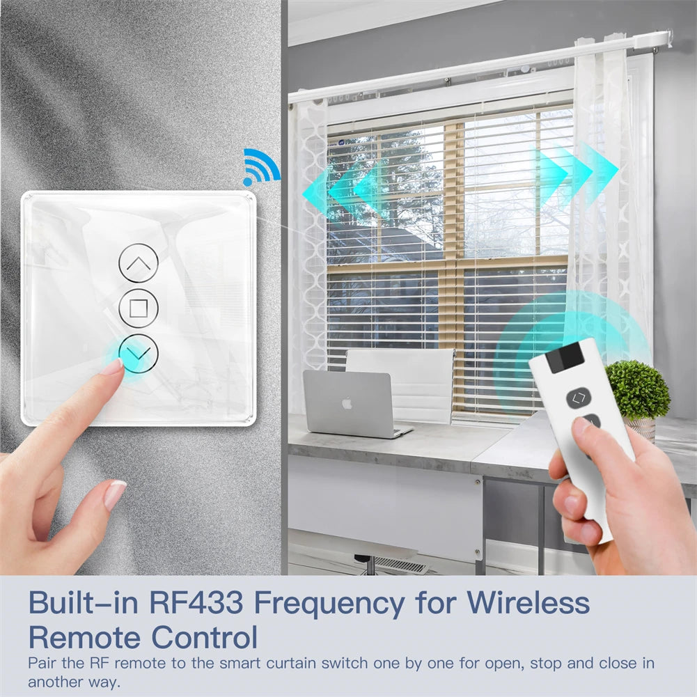 WiFi RF433 Smart 2.5D Arc Glass Touch Curtain Switch for Roller Blinds Shutters Smart Life/Tuya APP Works Alexa Google Home