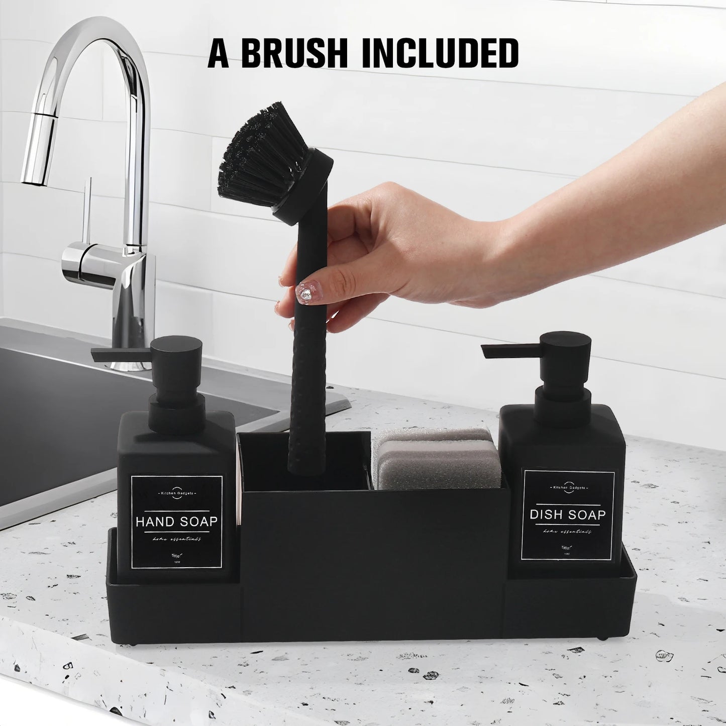 Matte Black Kitchen Soap Dispenser and Sponge Holder Set for Sink Caddy with Hand Soap and Dish Soap Storage