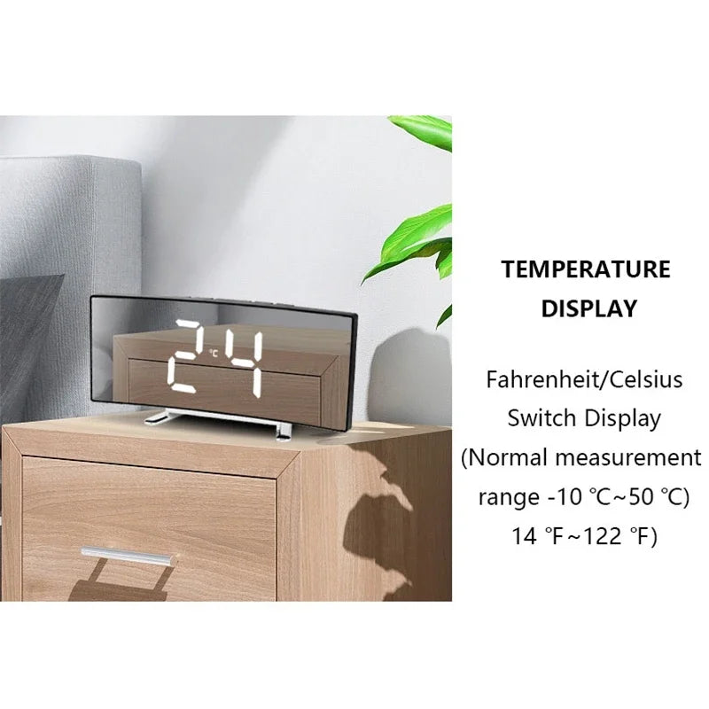 Creative Curved Electronic Clock LED Large Screen Mirror Alarm Clock for Students