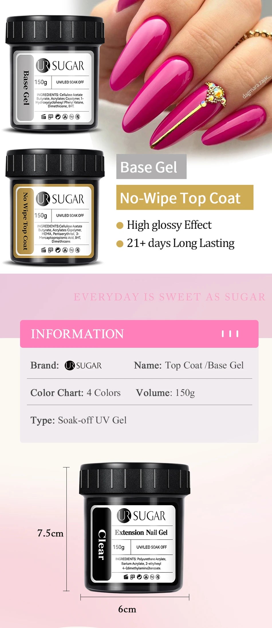 UR SUGAR 150g Semi Permanent Nail Gel Polish Fiber Rubber Base for Acrylic Nail Art Manicure