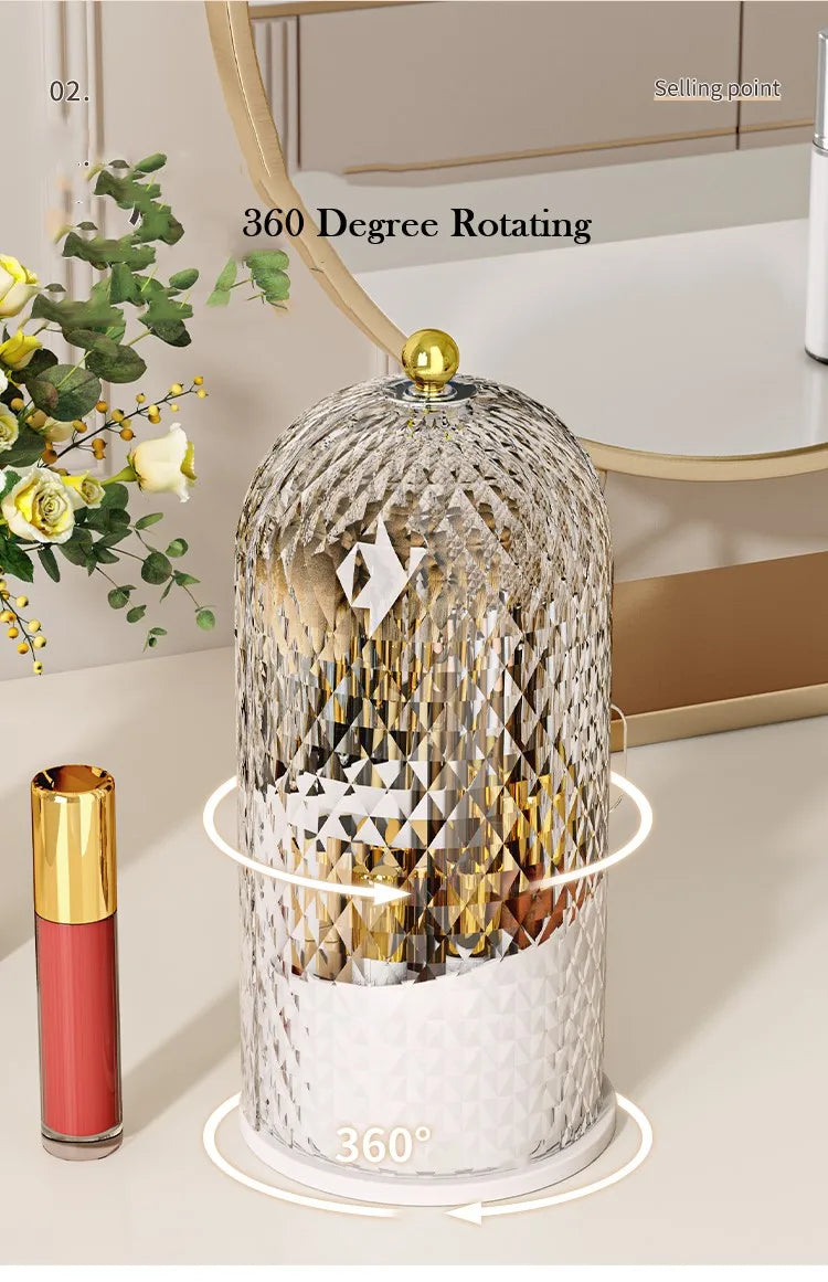 Makeup Brush Holder with Lid Diamond Birdcage 360 Rotating Organizer