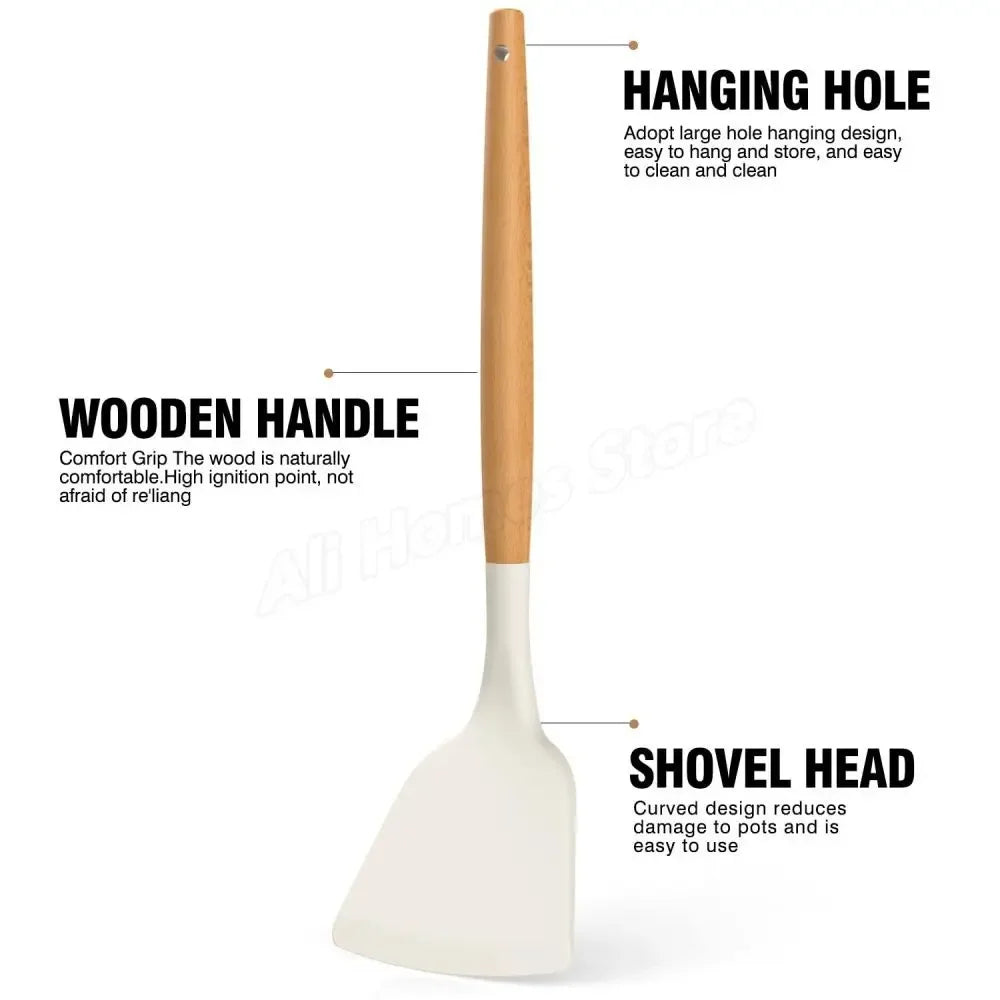 Silicone Kitchen Utensil Set 12 Pieces Food Grade Cooking Tools Turner Spatula Measuring Spoon Eco-Friendly Cookware