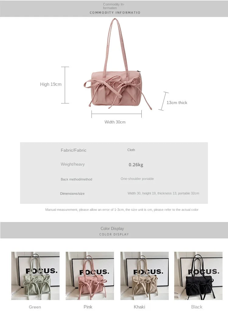 2024 New Korean Bow Nylon Shoulder Bag Fashionable and Sweet Design Tote Bag Folded Large Capacity Commuter Women's Handbag