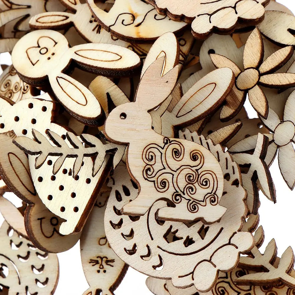 50pcs Happy Easter Rabbit Eggs Wooden Craft Ornaments