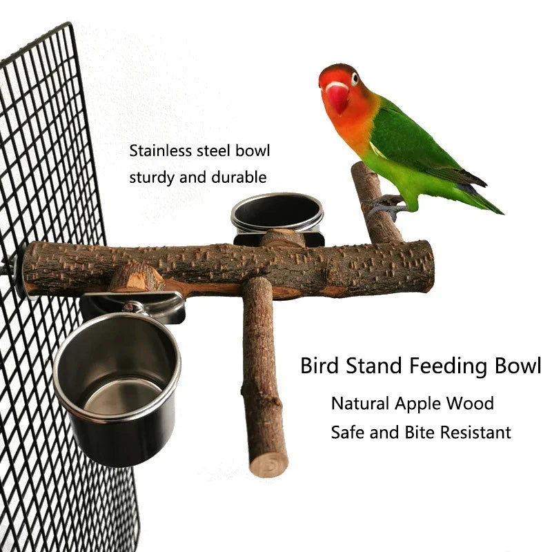 Stainless Steel Birds Parrot Feeder Bowl Round Small Pet  Natural Wood Stand Food Water Drinking Feeding Bowl Birds Supplies
