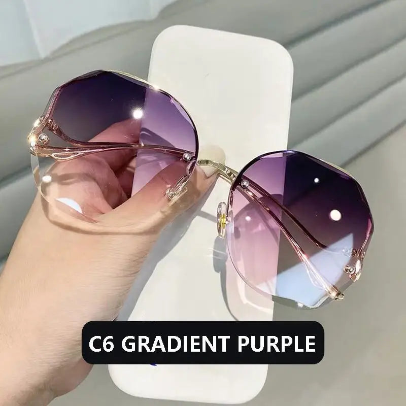 Fashion Tea Gradient Sunglasses Women Ocean Water Cut Trimmed Lens Metal Curved Temples Sun Glasses Female UV400