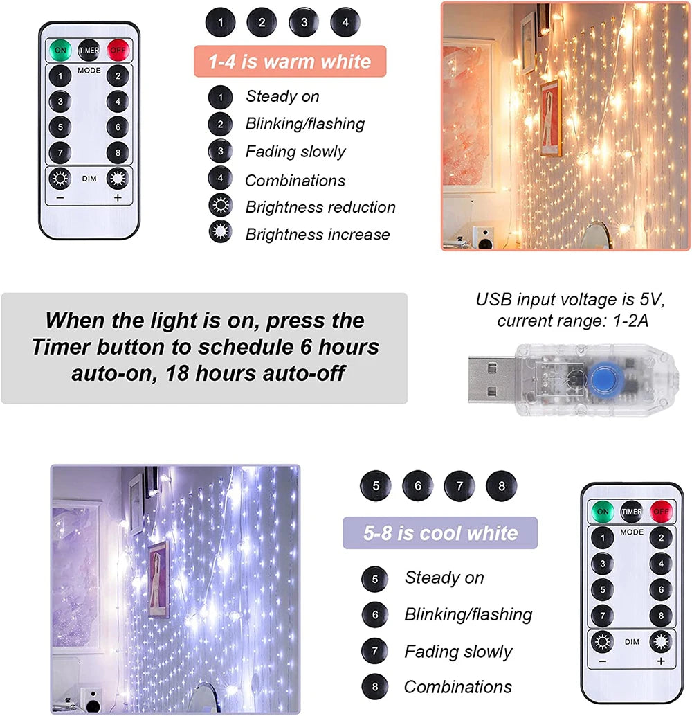 LED Curtain Garland Lights 8 Modes USB Power Remote Control Waterproof Fairy Light  Festive Lighting Wedding Christmas Decor