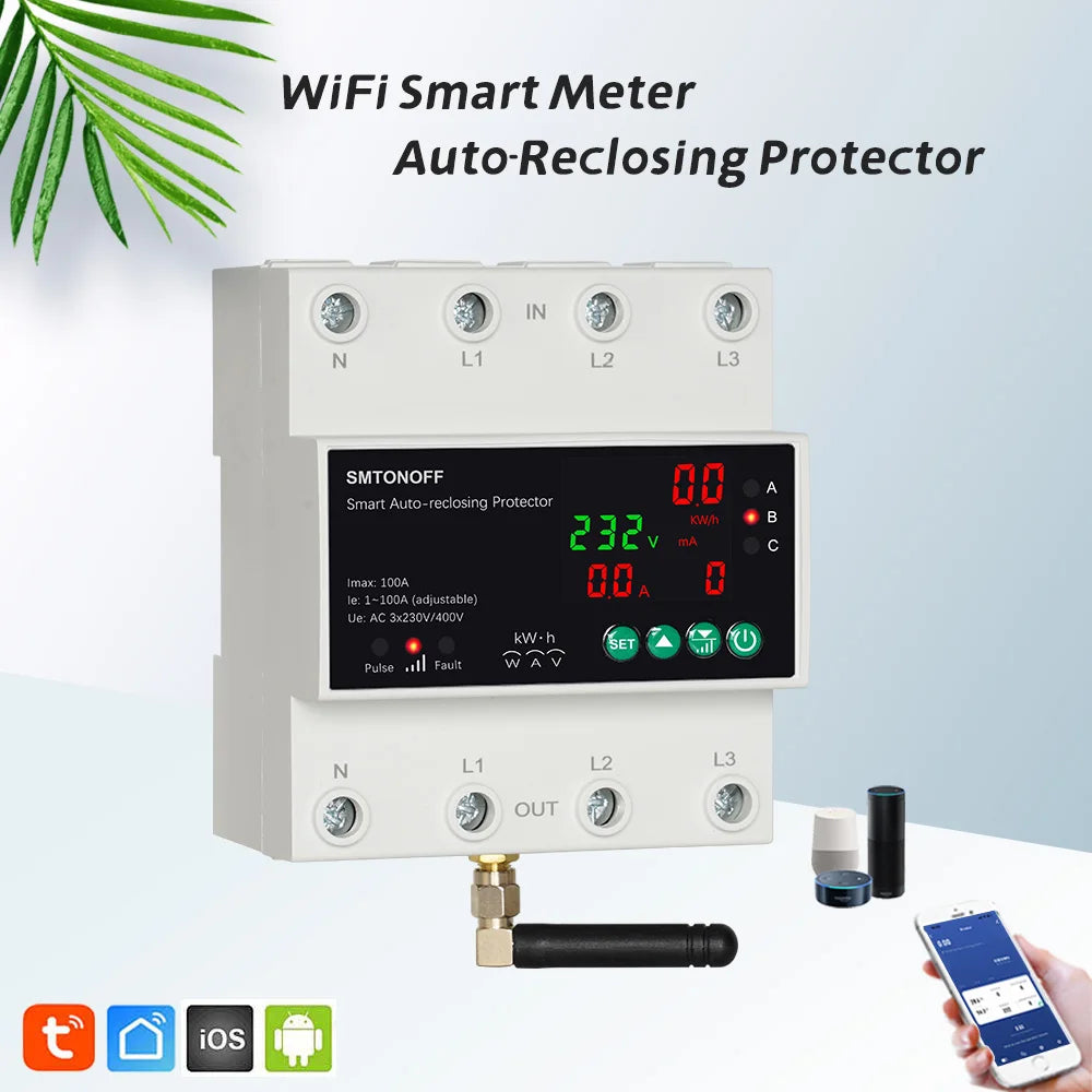 Interruptor temporizador de medidor prepago con control remoto por voz Tuya WiFi trifásico 4P 100A con reconexión automática y protector contra sobretensión y subtensión