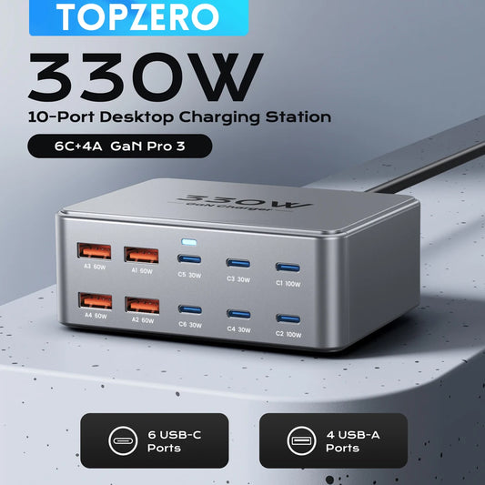330W USB C GaN Charger Multiport Fast Charging Station with 100W PD3.0 PPS and QC3.0 for Laptop iPhone 15 16 Samsung MacBook Pro and Tablet