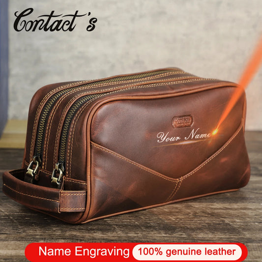 Crazy Horse Genuine Leather Travel Makeup Bag for Men Vintage Style Luxury Cosmetic Case Toiletry Organizer
