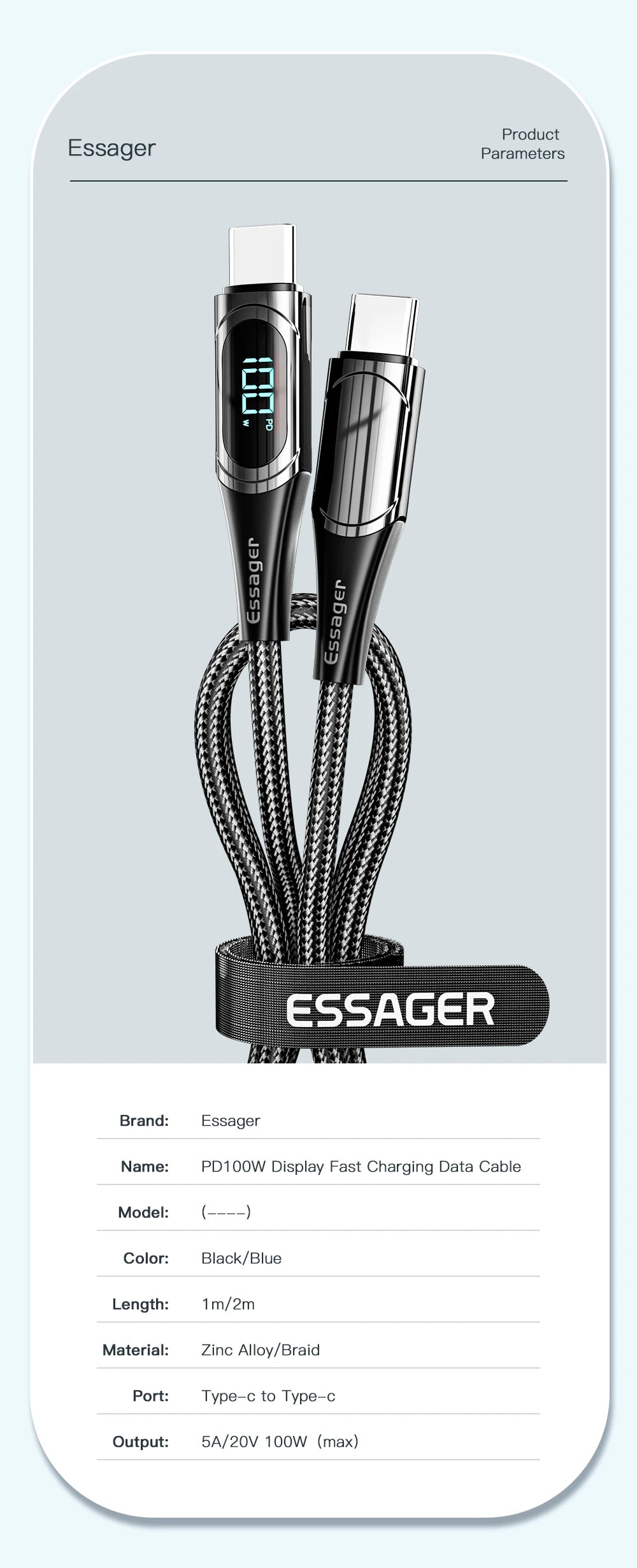 Essager USB To Type C Cable C To C 100W 5A Fast Charger 2M
