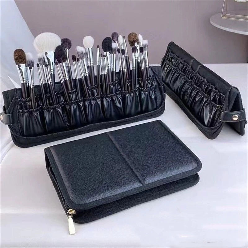 Women Foldable Makeup Brush Organizer Travel Cosmetic Pouch with High-Quality PU Material for Beauty Tools and Toiletries