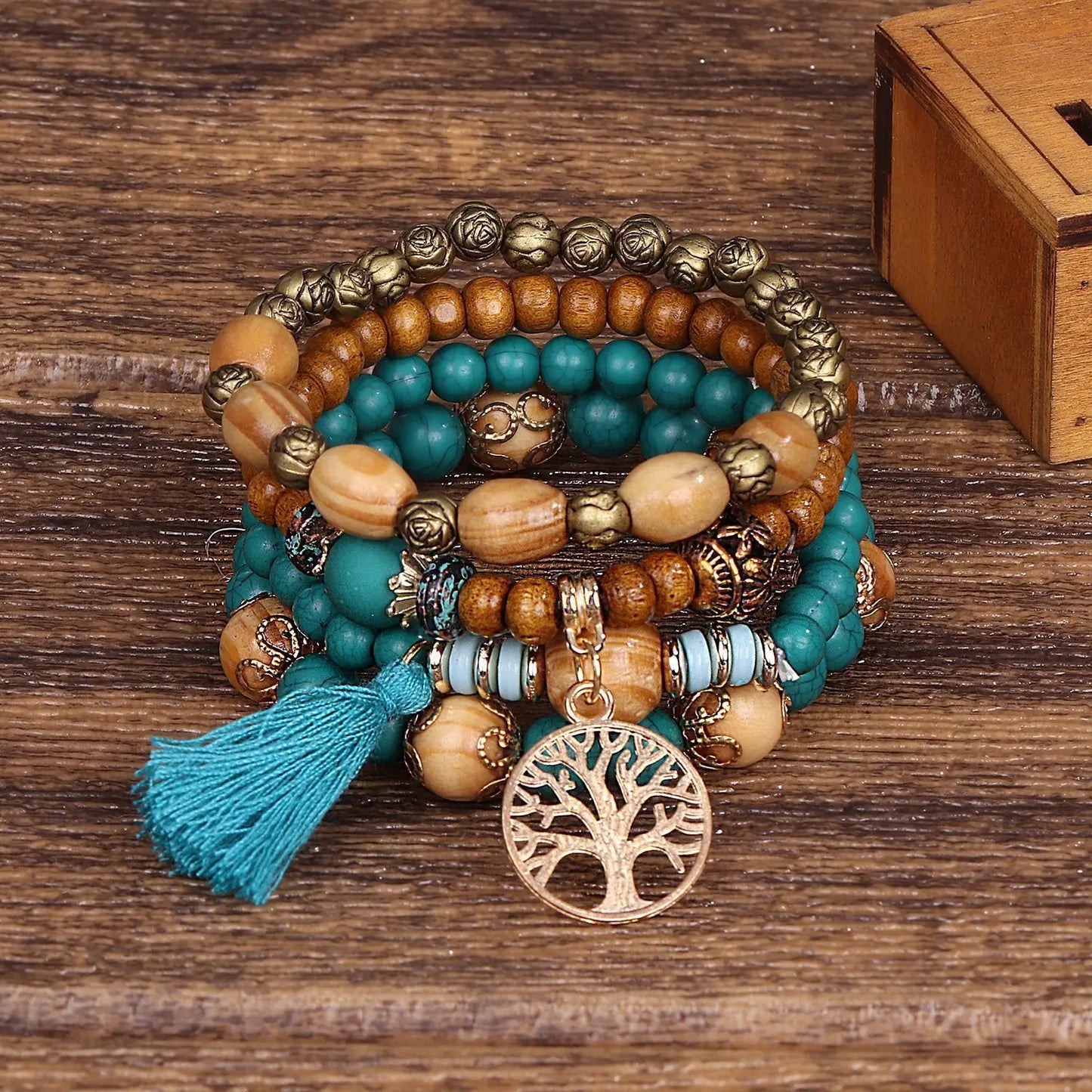 Bohemian Bracelet Creative Ladies Tree of Life Tassel Multi-layer Wooden Beaded Ethnic Style Fashion Women Bracelets Jewelry