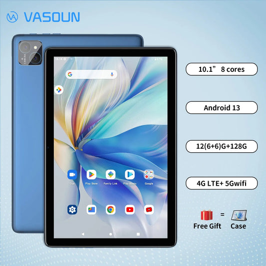 Tableta VASOUN Android 14 de 10,1", 12 GB (6 + 6 ampliables) de RAM, 128 GB de ROM, ocho núcleos, doble SIM 4G desbloqueada con WiFi 2,4 G/5 G GPS