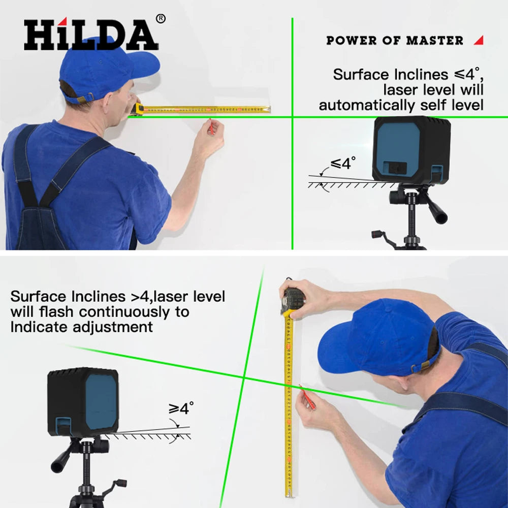 HILDA 2 Lines Mini Laser Level Self Levelling Green Beams Laser Horizontal & Vertical Cross-Line USB Charging