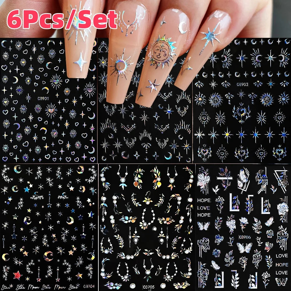 6Pcs/Set Metal Silver Star Heart Moon 3D Nail Art Stickers