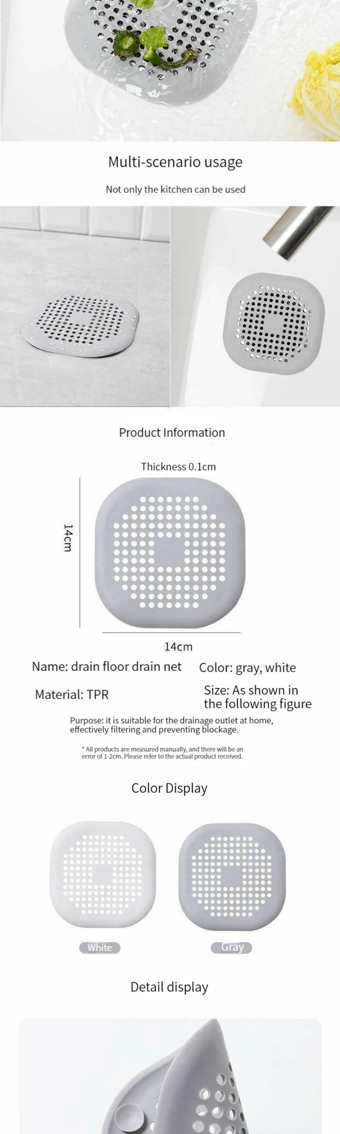 Durable Silicone Square Shower Drain Cover Prevents Sink Clogging, Shower Drain Strainer, Adsorption Sink Strainer, Convenient