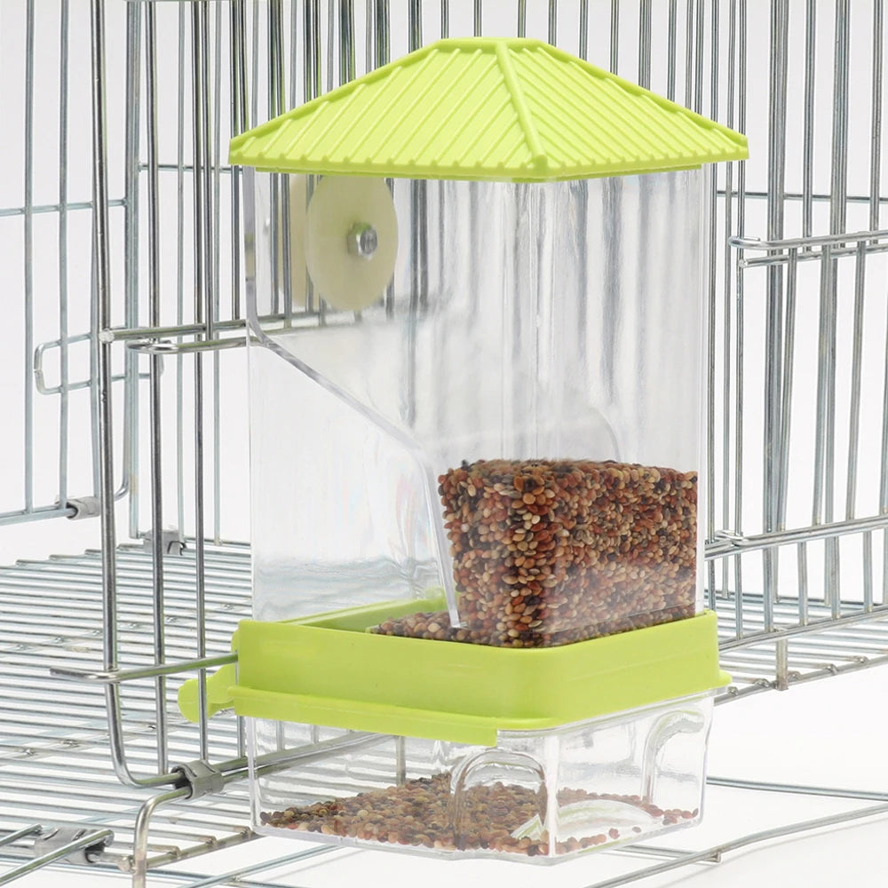 1 pc Automatic Bird Feeder Cage-Mounted No-Battery Operation Anti-Splatter Design Seed Dispenser with Perch for Pet Birds Parrot