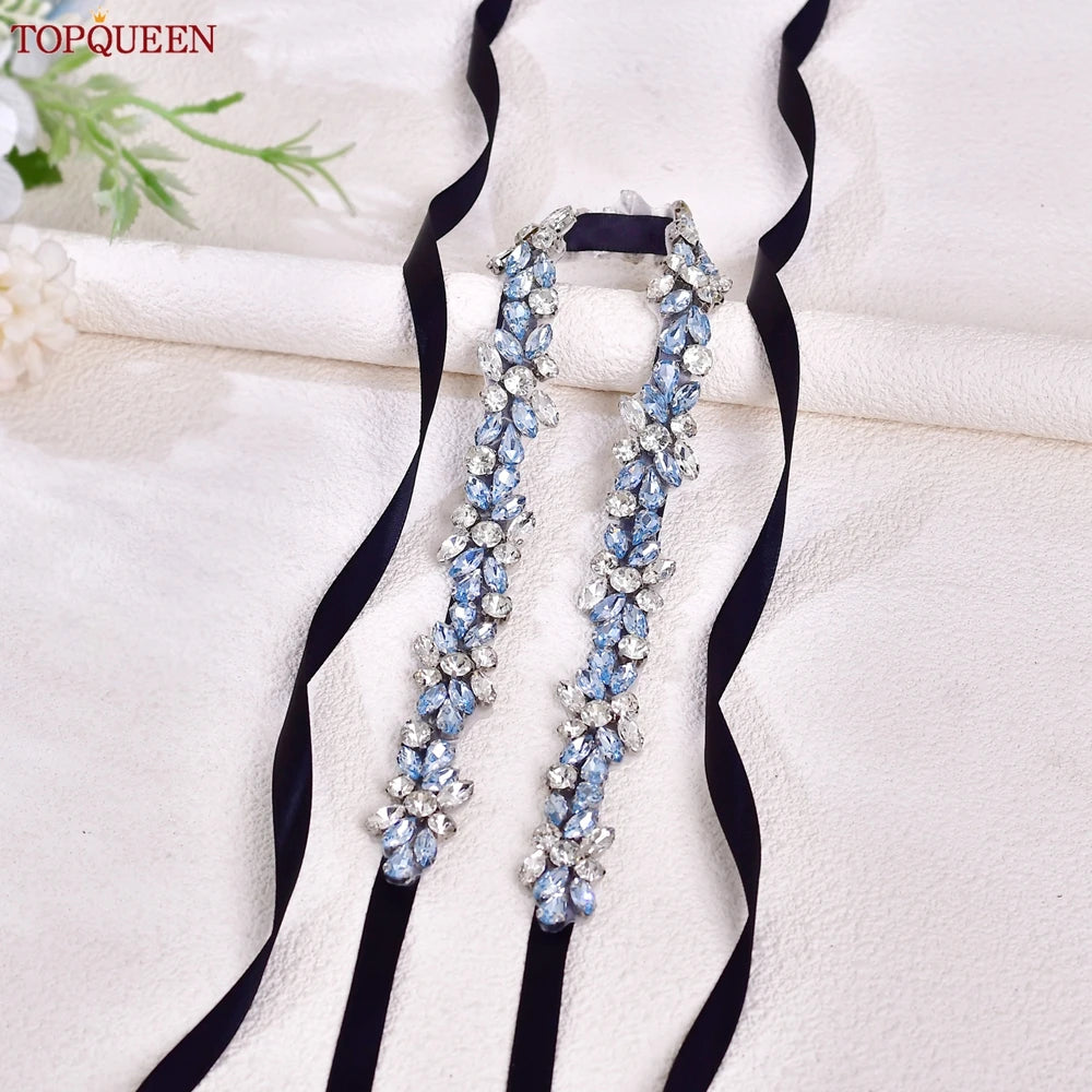 TOPQUEEN Long Thin Light Blue Rhinestone Belt Handmade Bridal Accessories Women's Versatile Dress Wedding Belt Tie Ribbon S437