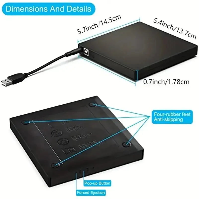 Unidad externa de CD y DVD, unidad externa delgada y protegible con puerto USB 2.0, grabadora de DVD y ROM, reproductor para computadoras portátiles y de escritorio