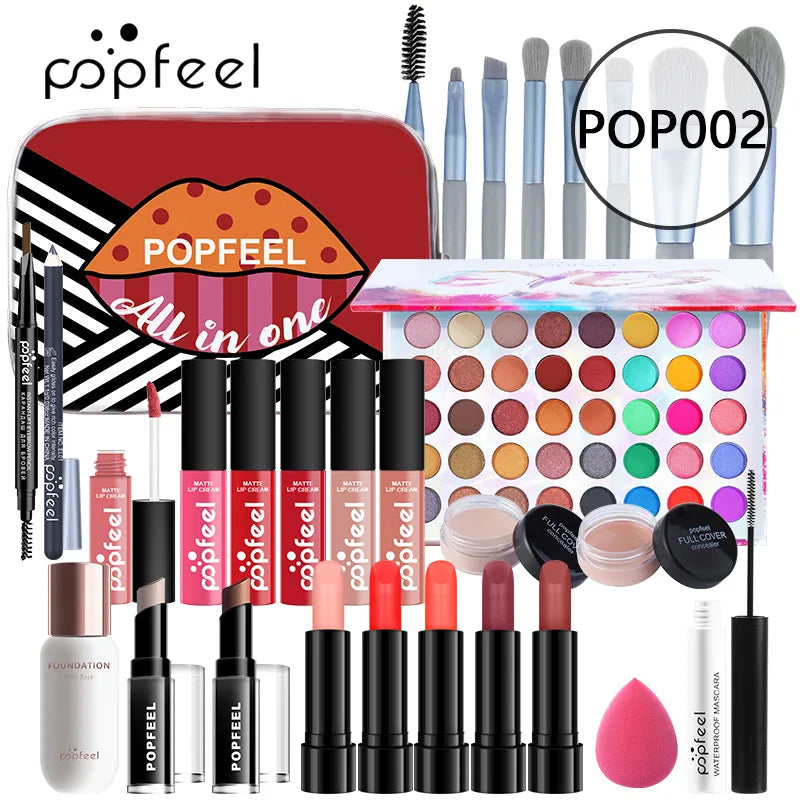 Popfeel All in One Makeup Kit Gift Set with Eyeshadow Palette Foundation Lip Gloss Blush Brushes and Eyeliner Essential Beauty Collection