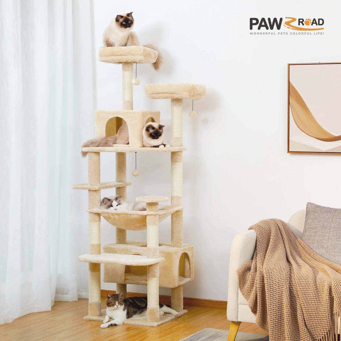 184cm Large Cat Tree and Tower for Indoor Cats With Scratching Posts and Spacious Hammocks