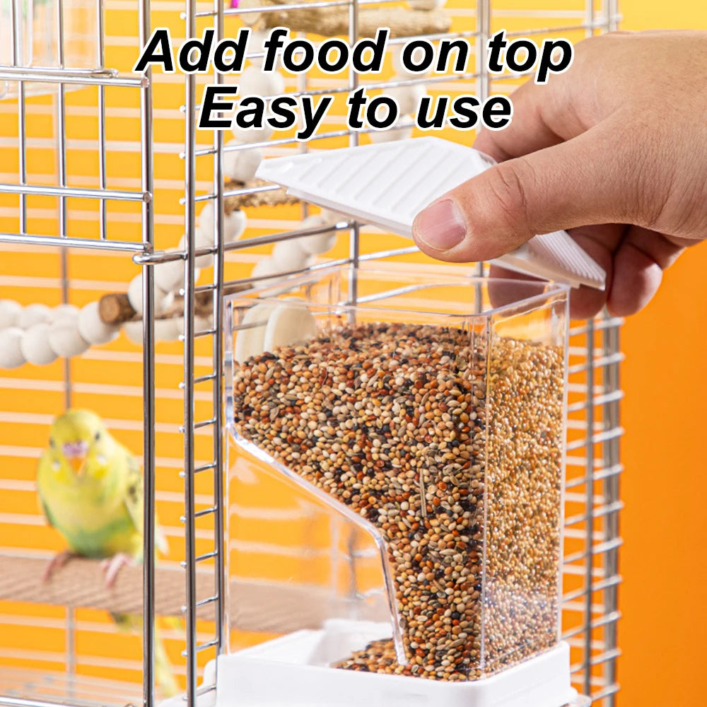 1 pc Automatic Bird Feeder Cage-Mounted No-Battery Operation Anti-Splatter Design Seed Dispenser with Perch for Pet Birds Parrot