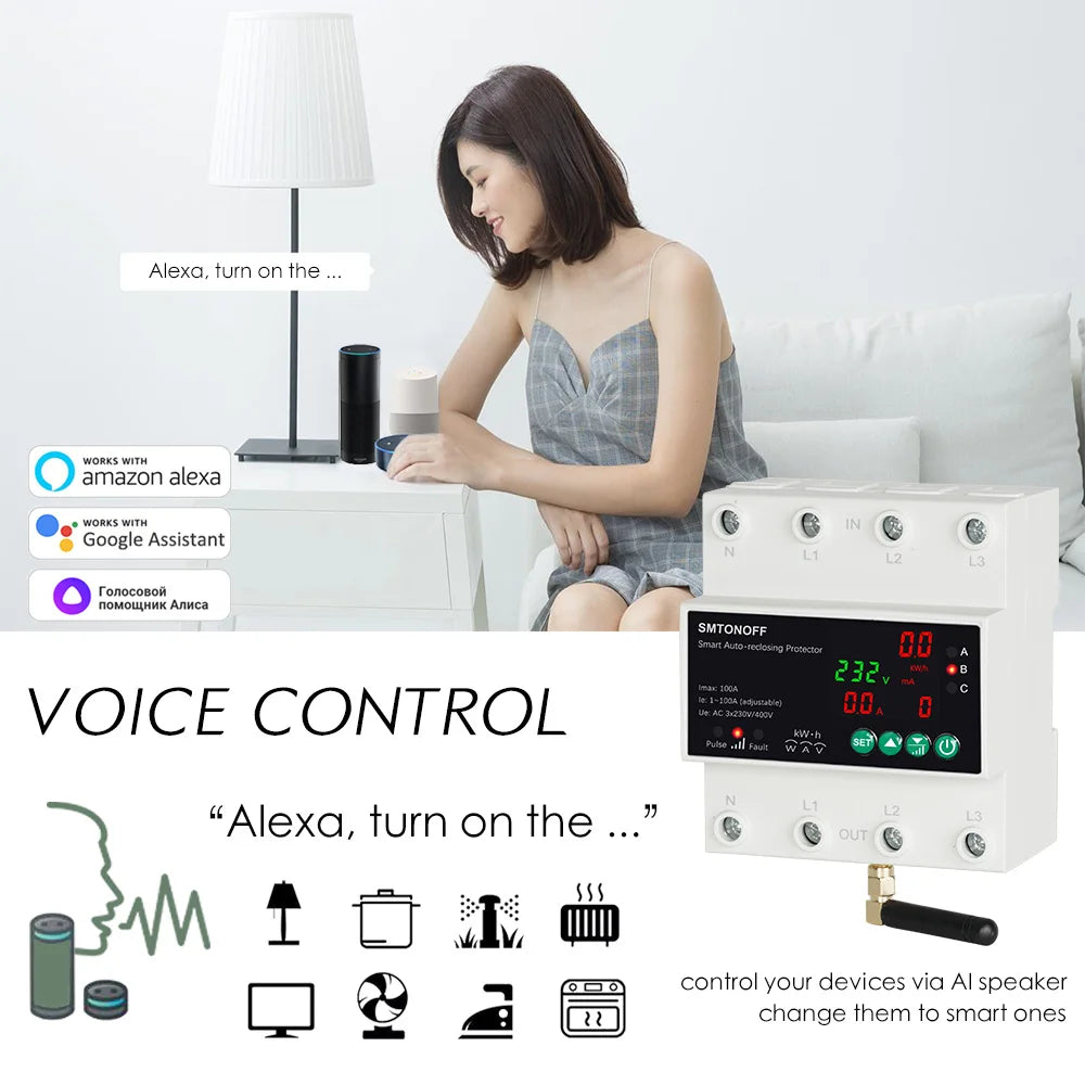 Tuya WiFi Three Phase 4P 100A Auto-Reclosing Over Under Voltage Protector Prepaid Meter Timer Switch Voice Remote Control