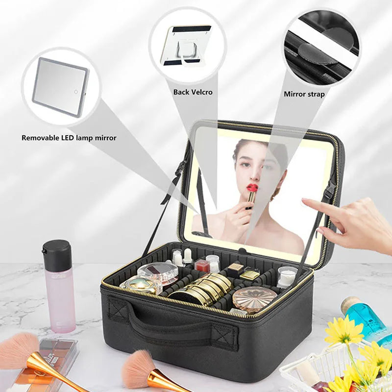 Smart LED Travel Makeup Case with Mirror Large Capacity Organizer for Women and Beauticians