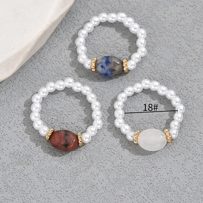 3 PCS Set Natural Stone Pearl Beaded Rings for Women