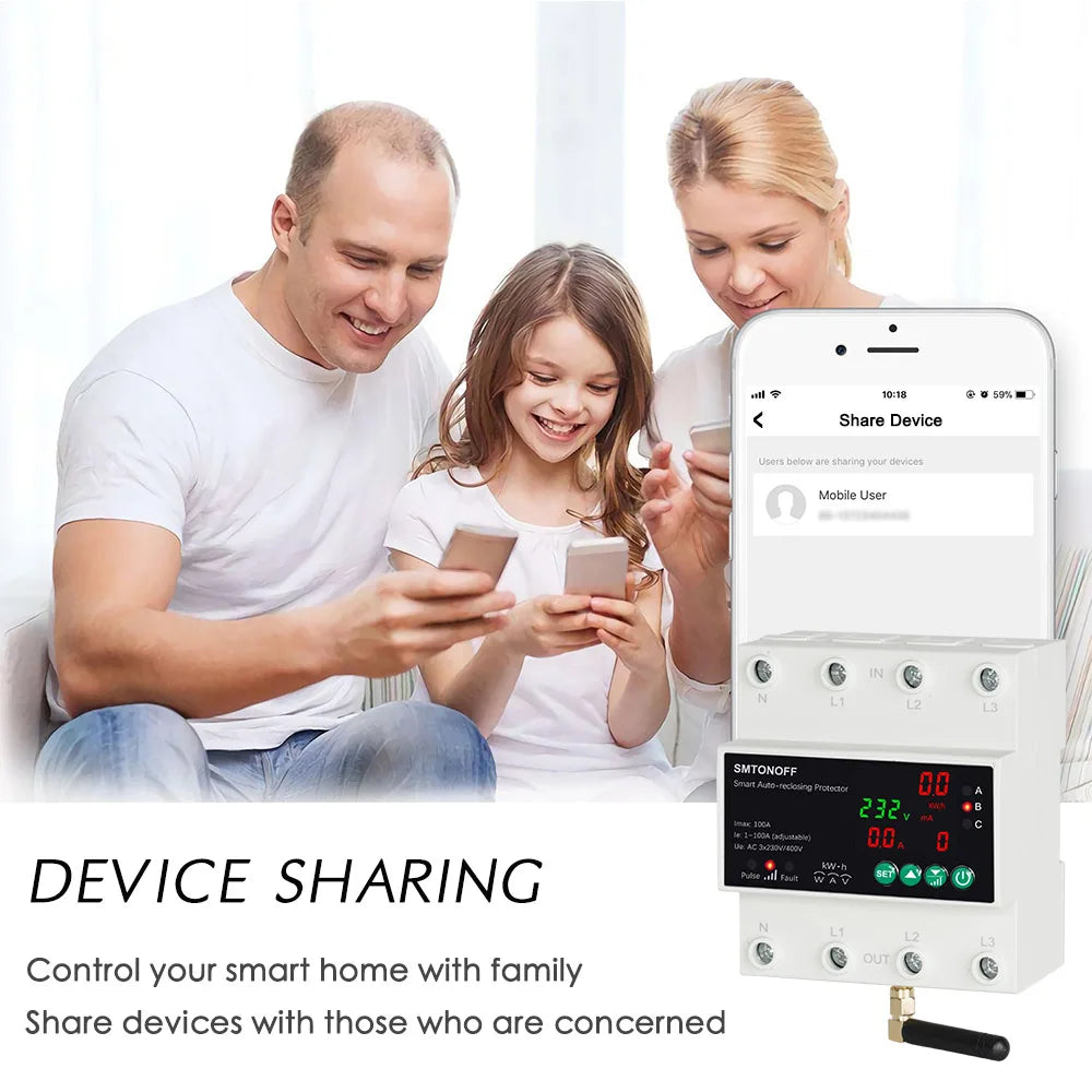 Tuya WiFi Three Phase 4P 100A Auto-Reclosing Over Under Voltage Protector Prepaid Meter Timer Switch Voice Remote Control