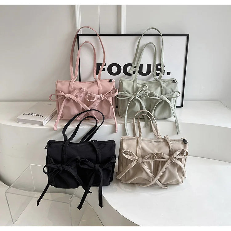 2024 New Korean Bow Nylon Shoulder Bag Fashionable and Sweet Design Tote Bag Folded Large Capacity Commuter Women's Handbag