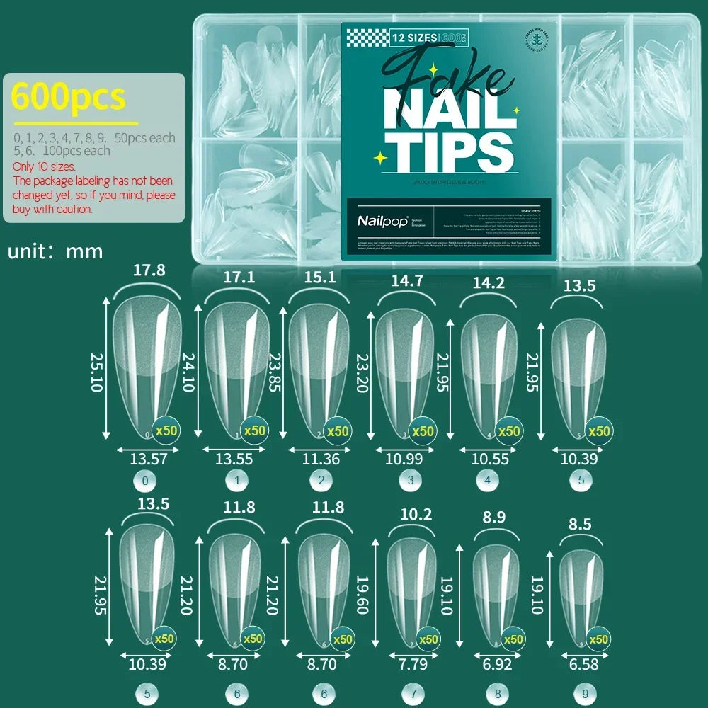 Nailpop 600PCS Nail Tips Full Cover Medium Length Ballerina Press On False Nail Extenison Tips with Box for Salons and Home DIY