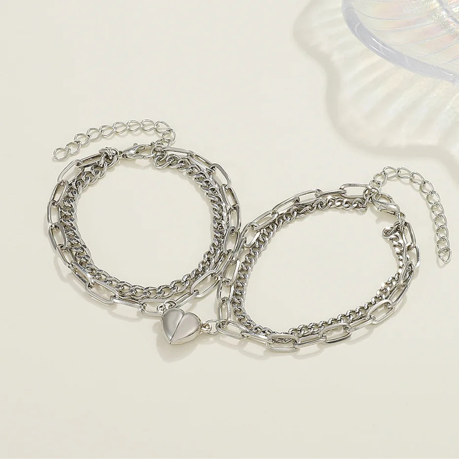 2 PCs Magnetic Heart Bracelets For Women Men Romantic Couple Bracelets Link Chain Stitching Bangle Valentine Day Gifts