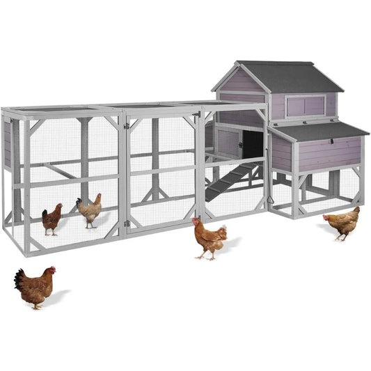 Large Chicken Coop with Run - Wooden Hen House with 6 Nesting Boxes and Removable Tray, 41.3ft² Poultry Pet Hutch Run Cage with