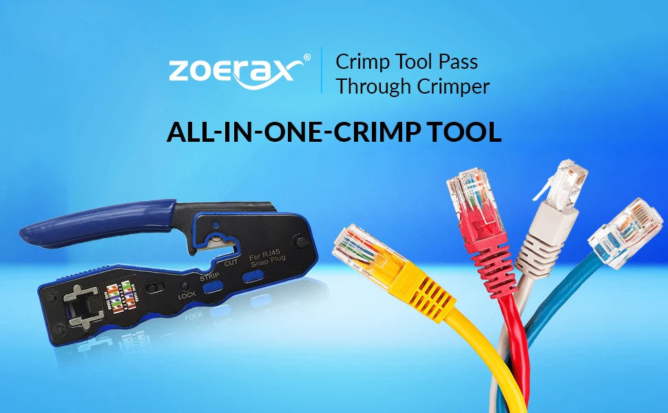 ZoeRax RJ45 Crimp Tool Pass Through Crimper Cutter for Cat6a Cat6 Cat5 8P8C Modular Connector Ethernet All-in-one Wire Tool