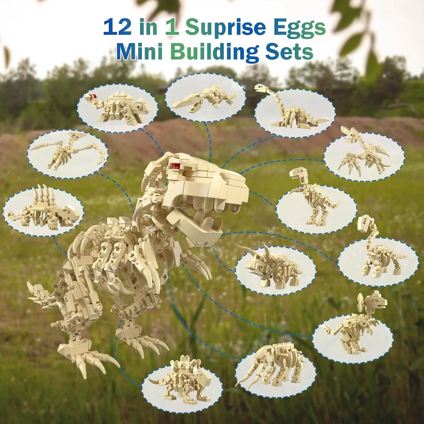 12 in 1 Dinosaur Skeleton Building Set for Kids - Mini Dinosaur Building Blocks Perfect for Easter Basket Stuffers and Birthday Gifts