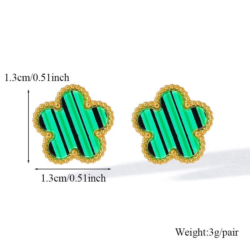 GANEMLY 316L Stainless Steel Green Clover Set Earrings Necklace Bracelet Holiday Gifts Women Double Sided Flower Fashion Jewelry