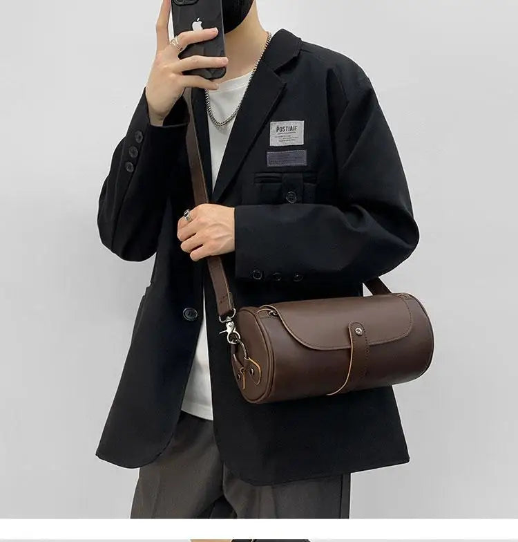 Fashion  High Quality Pu Leather Retro Bag Men's Single Shoulder Bag  Leather CrossBody Bag Leisure  Bag Round Body Bag